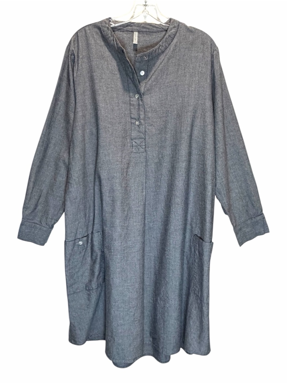 Women’s Gray Cotton Oxford Shirt Dress w/ Mandarin Collar, Pockets - Extra Large